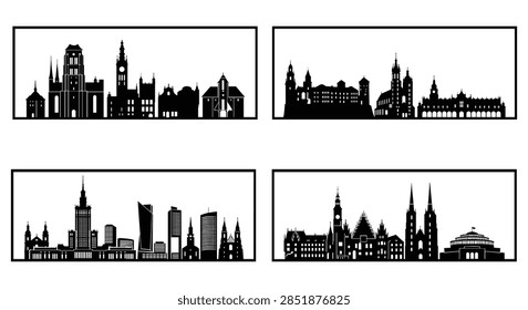 A black and white vector set featuring detailed skyline silhouettes of major Polish cities including Gdansk, Krakow, Warsaw, and Wroclaw. Ideal for travel banners, tourism illustrations, architectural graphics, and web design elements.   