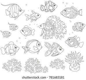 Black and white vector set of fishes in cartoon style