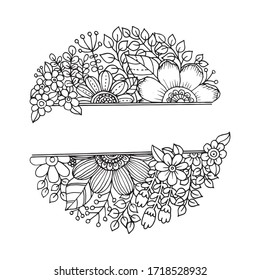 Black and white vector, Set of flower bouquet design, Floral frame with bouquet of hand drawn flowers, and leaves doodles style. Beautiful template for invitations, greeting cards, wedding greeting, 