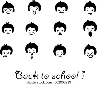 black and white vector set of funny kids faces back to school