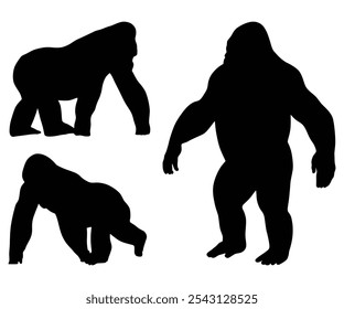 Conjunto de Vector blanco y negro de siluetas de gorila y chimpancé