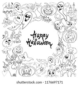 Black and White vector set for Halloween: castles, cats, ghosts, graves, bats, pumpkins and crosses