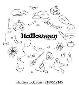black and white vector set Halloween doodles, pumpkins, cobwebs, bats 