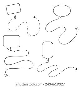 Black and white vector set with hand drawn icons of various routes. Signs, cross, path