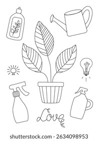 Black and white vector set with houseplants, watering cans, and eco tools. Perfect for Valentine's stickers and designs about love for plant care.