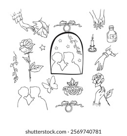 Black and white vector set, love, inspired by Romeo and Juliet, Valentine day, doodle, hand drawn.