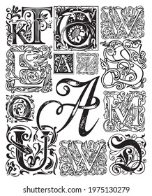 Black and white vector set of ornate initial letters. Ornamental capital letters with vintage baroque decoration. Beautiful filigree uppercase letters for monogram, logo, emblem, card, invitation