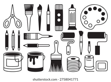 Black and white vector set of outlined art and craft supplies, including brushes, paints, and various artistic tools.