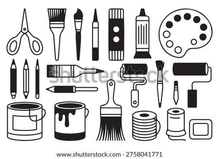 Black and white vector set of outlined art and craft supplies, including brushes, paints, and various artistic tools.