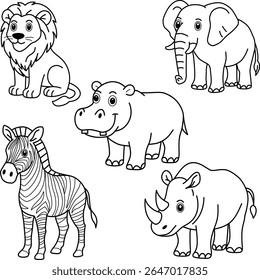 Vetor preto e branco de animais de safári — elefante, leão, zebra, rinoceronte e hipopótamo 