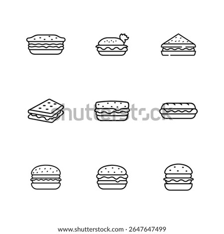 black and white vector set of sandwich and burger icons in various shapes and styles, isolated on clean white background.