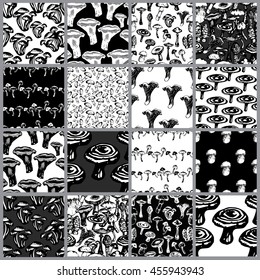Black and white vector set seamless pattern with mushrooms. Can be used for wallpaper, pattern fills, web page, surface textures, textile print, wrapping paper.