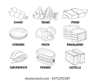 Black And White Vector Set Showcasing Various Traditional Japanese Sweets Such As Dango, Taiyaki, Yokan, Dorayaki