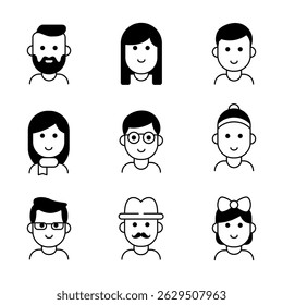 A black and white vector set showcasing diverse people with varied facial expressions