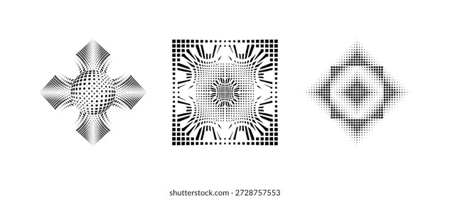 Black and white vector set of spherical and square cross geometric patterns.
