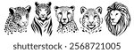 Black and white vector set of wild big cats including a leopard, tiger, cheetah, snow leopard, and lion. Perfect for tattoos, graphic designs, and wildlife themes.