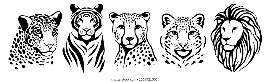 Black and white vector set of wild big cats including a leopard, tiger, cheetah, snow leopard, and lion. Perfect for tattoos, graphic designs, and wildlife themes.