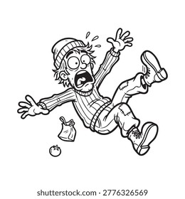 Black and white vector of a shocked man falling, mouth open in scream, hands flailing in panic, scared.