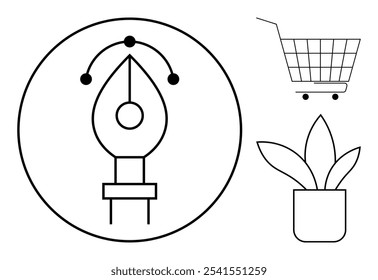 Black and white vector with a shopping cart, plant pot and pen tool symbol inside a circle. Ideal for graphic design, e-commerce, shopping apps, digital art, creative tools illustrations