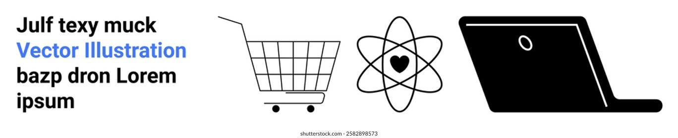 Black and white vector with shopping cart, atom symbol, and laptop. Ideal for technology, e-commerce, science, digital, and business themes. Banner for landing page