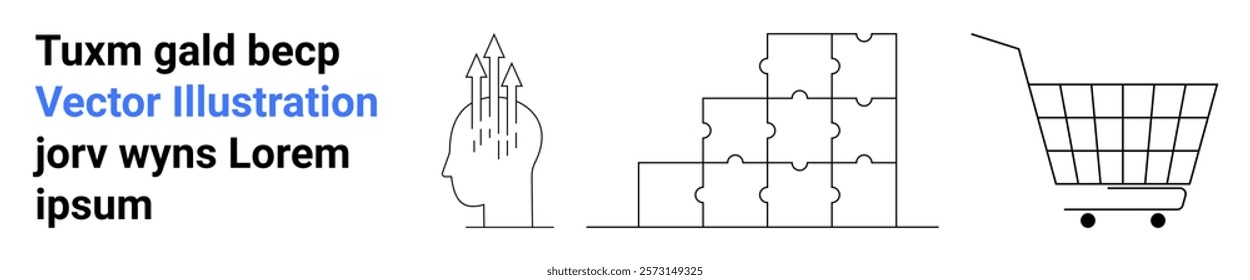 Black and white vector shows a head with arrows, stacked boxes, and a shopping cart Ideal for concepts of brainstorming, logistics management, supply chain, inventory control, and retail shopping