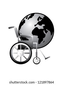 Black and white vector sickness earth planet sitting on wheelchair, side view.