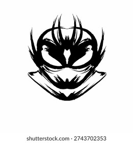 Black and white vector silhouette of an aggressive alien warrior or insectoid monster mascot. High-contrast ink style illustration with sharp spiky details, ideal for vinyl decals, screen printing, minimalist gaming logos, and dark fantasy character concepts.