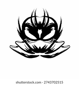 Black and white vector silhouette of an aggressive alien warrior or insectoid monster mascot.