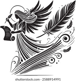 Black and white vector silhouette of angel with flowing hair and large wings holding a quill and scroll. White background with feathers, lines, swirls. Isolated design.