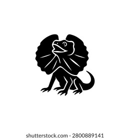 Black and white vector silhouette of an Australian frill-necked lizard with an expanded neck frill