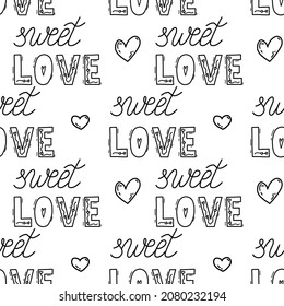 Black and white vector silhouette background. Love theme. Pretty seamless pattern