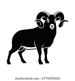 Black and white vector silhouette of a bighorn sheep or ram, a majestic animal with large curled horns.