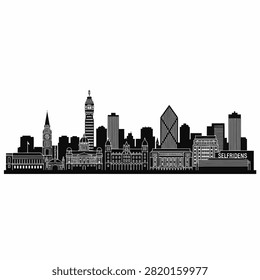 Black and white vector silhouette of the Birmingham city skyline, United Kingdom, featuring prominent landmarks like the BT Tower, Selfridges building, and historic urban architecture.