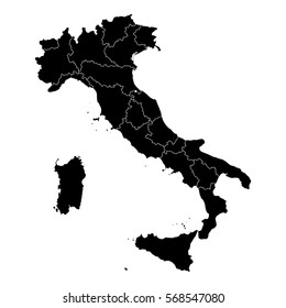 Black and White vector silhouette cartography map of Italian political borders and regional administrative borders and Region names