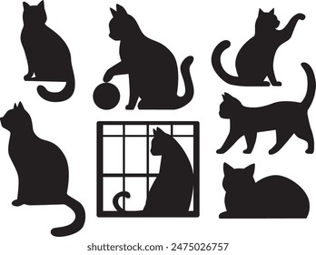 black and white vector silhouette cat with pose