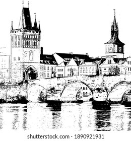 
black and white vector silhouette of Charles Bridge on Vltava river in Prague