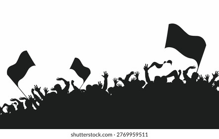 Black and white vector silhouette of a cheering crowd with waving flags isolated on white. Dynamic background for sports fans, music concerts, festivals, rallies and public events.