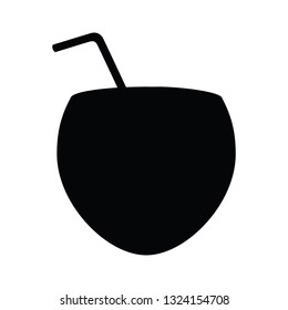 A black and white vector silhouette of a coconut cup drink with a straw