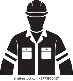 Black and white vector silhouette of a construction worker wearing a safety jacket with reflective stripes and a hard hat.