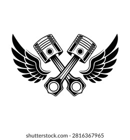 Black and white vector silhouette of crossed engine pistons combined with spread wings, perfect for motorcycle club logos or hot rod graphics.