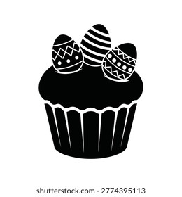 Black and white vector silhouette of a cupcake decorated with three patterned Easter eggs, ideal for holiday designs.