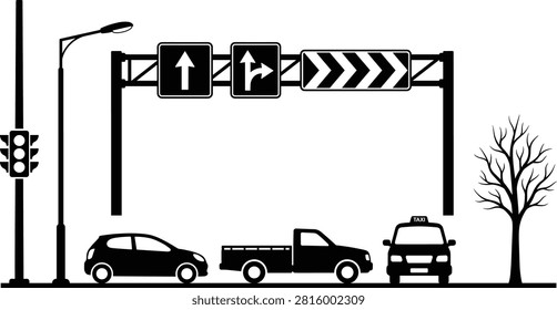 A black and white vector silhouette depicting an urban road scene with various vehicles, overhead highway directional signs, and traffic lights. This versatile flat design asset is ideal for projects related to transportation, traffic management, and city infrastructure concepts.