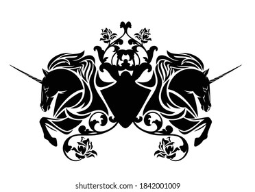 black and white vector silhouette design of medieval style fairy tale coat of arms with mythical unicorn horses and rose flowers