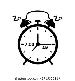 Diseño de silueta de Vector en blanco y negro de un despertador que muestra la hora de las 7:00 am con símbolos para dormir aislados sobre un fondo blanco.