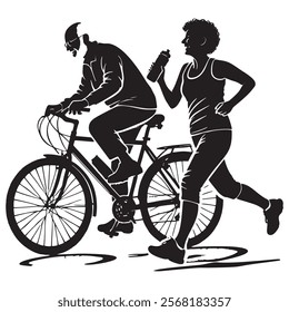 Black and white vector silhouette of elderly man riding a bicycle and a woman jogging beside him, both enjoying outdoor exercise together. Isolated man and woman silhouettes on white background.