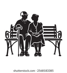 Black and white vector silhouette of elderly couple sitting on a bench, with the man holding a cane and gently embracing the woman.  Isolated old man and woman silhouettes on white background.