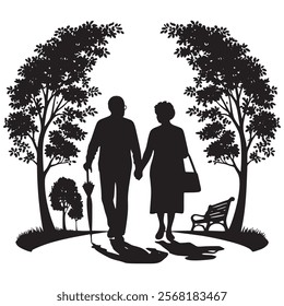 Black and white vector silhouette of elderly happy couple walking hand in hand through a park, surrounded by trees. Isolated old man and woman silhouettes illustration on white background.