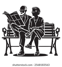 Black and white vector silhouette of elderly couple sitting on a bench, with the man reading a newspaper and the woman sitting beside him. Isolated old man and woman silhouettes on white background.