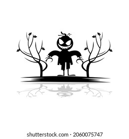 A black and white vector silhouette featuring a spooky scarecrow with a carved pumpkin head and tattered clothes. Flanked by gnarled, leafless trees and cast against a ground reflection, this eerie design is perfect for Halloween invitations, horror-themed decorations, and seasonal party posters.