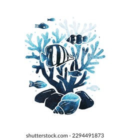 Black and white vector silhouette of fish, seaweed, sea shell and corals. Seascape isolated on white background. Underwater plants and clownfish for aquarium